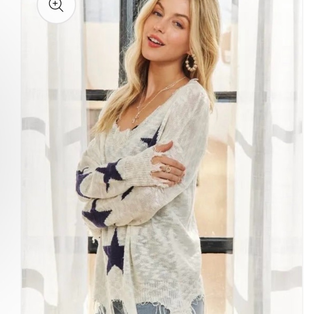 POL Cream V-Neck Star Sweater with Navy Stars